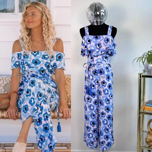 Mister Zimi Gracie Jumpsuit, Small / AU 6, Blue Floral, Wide Leg, Tassel
